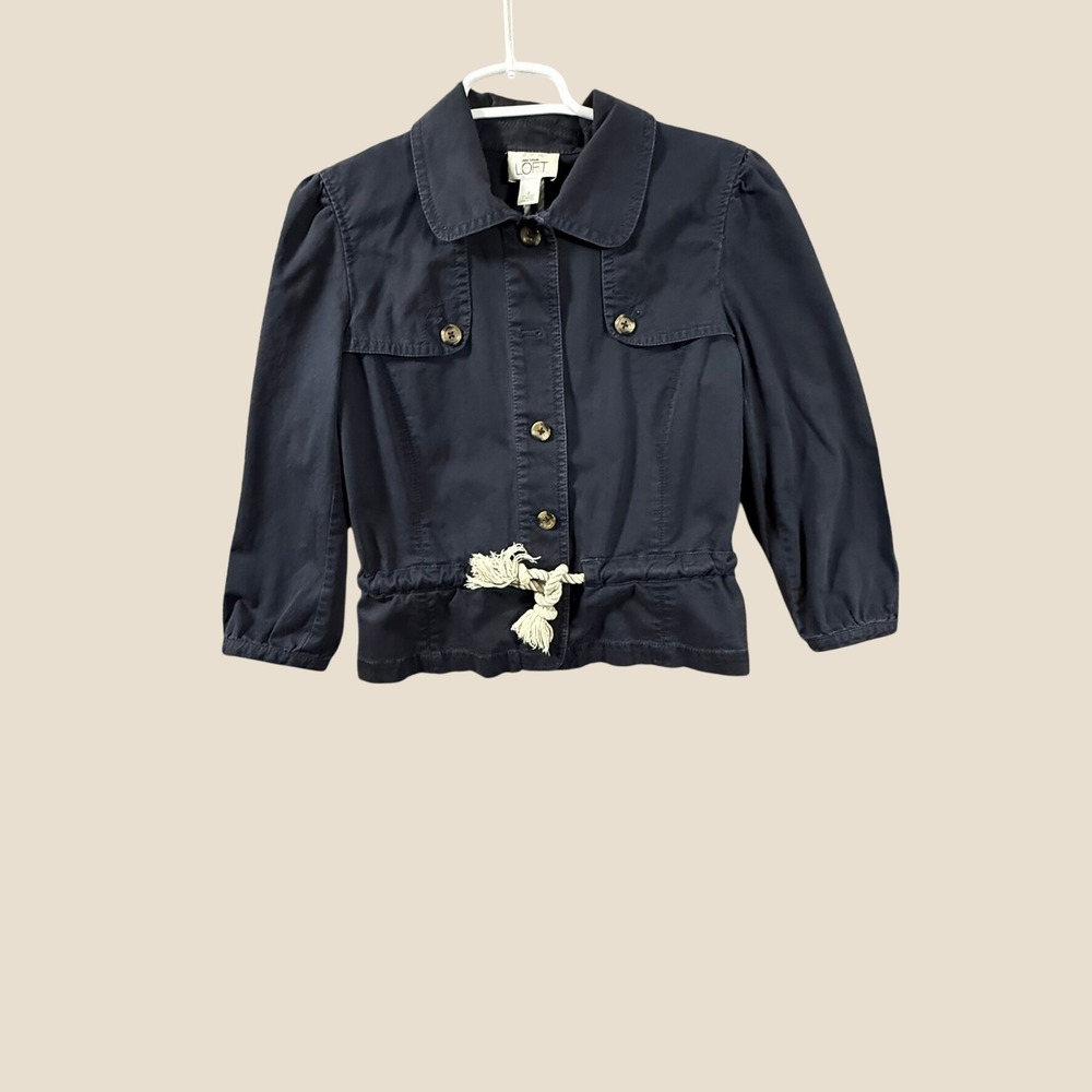 Ann Taylor LOFT Navy Blue Utility Jacket Rope Drawstring Puff Sleeve Size 8